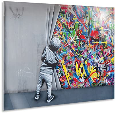 Giallobus - Impression sur toile - Banksy - L'enfant ouvre le rideau - Verre acrylique - 100x70 - Prêt à accrocher - Peintures pour la maison