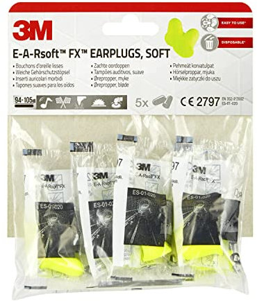 3M Tapones para los oídos, suaves, e-A-Rsoft FX, amarillos, protección auditiva contra niveles de ruido en el rango de 94 a 105 dB (SNR 39 dB), (1 paquete con 5 pares)