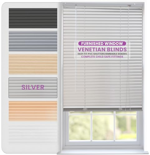 FURNISHED Venetian Blinds Window Venetian Blind Easy Fit PVC Shutters Trimmable Shades for Home Kitchen Windows Treatment Shutters 25mm Slats Complete Child Safe Fittings - Silver 185W x 150L cm