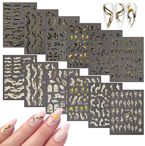 MWOOT 12 PCS 3D Nagel Selbstklebend, Nail Art Sticker Luxury Shine Nagelaufkleber Zunge, Nagelstick Blatt Designs Aufkleber Nägel Deko, Fingernägel Muster Set, Nagel Abziehbilder Nagelstudio