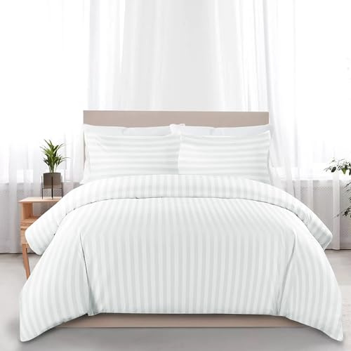 My home store White Double Duvet Cover Set - 100% Cotton Hotel Quality Stripe Quilt Cover Bedding Sets with 2 Pillowcases - Hypoallergenic Button Closure Soft Breathable Bed Covers