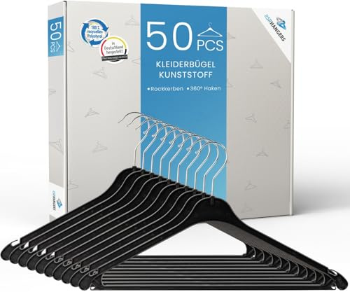 RSR-Hangers® Kleiderbügel K 43 cm aus Kunststoff 50 Stück Hemdenbügel 360° drehbarer Haken Blusenbügel Kunststoff Schwarz mit Hosensteg