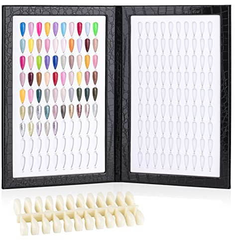 BNG Nail Display Book 180 Colors Nail Art Colour Chart, Professional Gel Polish Nail Display Card with 240 Pcs False Nails Tips For Salon Nail Art Showing, Black Leather Book Nail Color Display