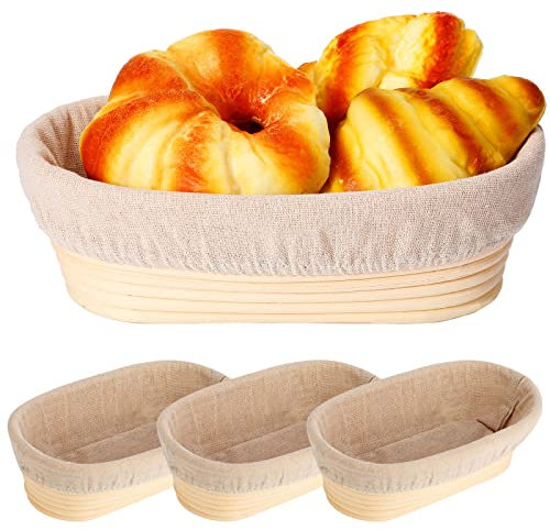 4 Stück 25,4 cm Brot-Banneton-Gärkorb, ovale Form, Brotgärkorb, Rattan, ovaler Banneton-Korb, Teiggär-Schalen mit Einsätzen und Streuungen für Zuhause, Sauerteigbrot Backen