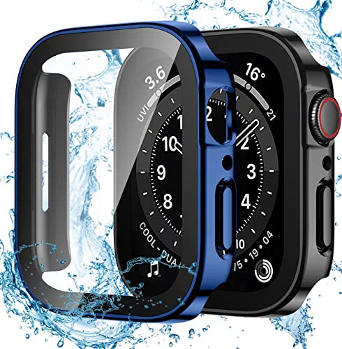 Dirrelo 2 Stück Schutzhülle für Apple Watch Series SE/6/5/4 44mm Hülle mit Panzerglas Displayschutz, Wasserdicht Hart PC Flache Kante Case, Hochempfindliche Schutzfolie für iWatch, Schwarz+Blau
