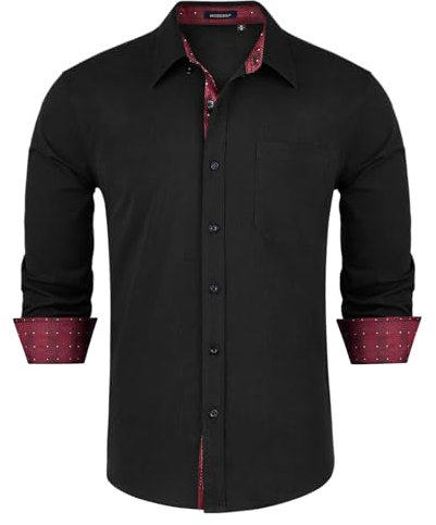 HISDERN Hommes Chemise Noire Manches Longues Formelle Casual Robe Affaires Coupe Régulière Boutonnée Travail Chemise pour Hommes De Mariage avec Poches,Noir Rouge,L
