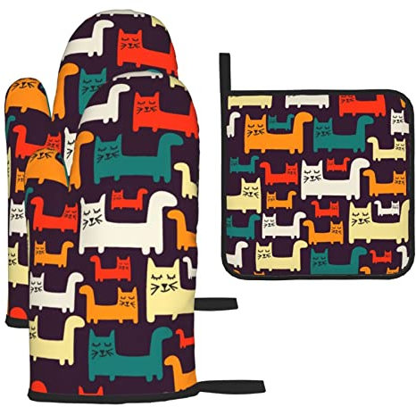 Lot de 3 gants de cuisine et maniques imprimés de chats - Résistants à la chaleur - Antidérapants - Pour la cuisson au four à micro-ondes