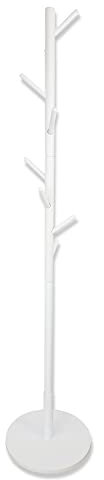 keypak Wooden Coat Stand with Round Base, Freestanding Coat Rack, Adjustable Height Coat Tree with 8 Hooks for Hanging Clothes, Jackets, Bags, Hats (White)