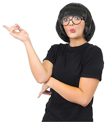 Unglaubliches Modedesigner-Zubehör-Set – groß – schwarzes T-Shirt, schwarze Bob-Perücke und schwarze runde Brille – perfekt für Filmcharakter, lustige Party-Kostüme und andere Kostümveranstaltungen