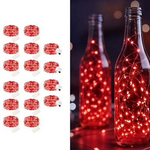 Maxee 16 Stück 2M Rot LED Lichterkette Batterie, Wasserdicht für DIY, Party, Stimmung Lichter, Weihnachtsdeko, Innen- und Außenbereich Deko, 4 Stück Quadratische + 12 Stück Flache Lichterkette