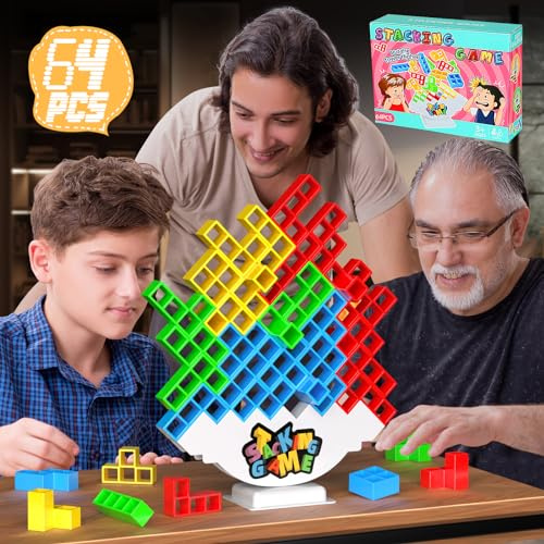 BBnote 64PCS Stack Game for Adult & Kids, Tetra Board Tower Games for Family Travel Party, 2 Players Balance Stacking Toy, Team Toys Building Block