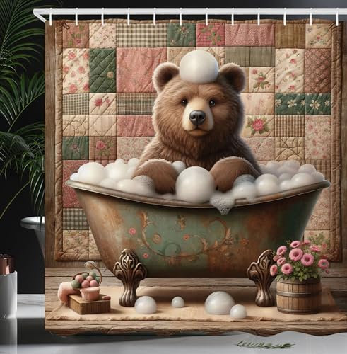 ABAKUHAUS Rustique Rideau de Douche, Ours Grizzly Drôle Dans Une Baignoire Mousseuse Fleurs De Ferme Patchwork, Material Resistente al Agua Durable Estampa Digital, 175 cm x 200 cm, Chocolat Rose Vert