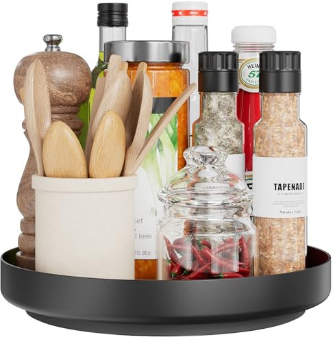 Organizador giratorio para especias, Lazy Susan – Bandeja giratoria de metal 360°, organizador de 28 cm para despensa de cocina, mueble de baño, frigorífico, mesa, negro