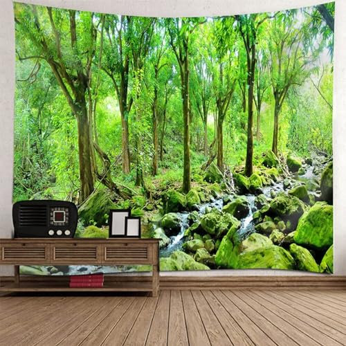 KnSam Wandteppiche, Stein Ströme Baum 300x256cm Wandtuch Grün in Polyester, Landschaft Natur Wandteppich Wandbehänge für Wohnzimmer Schlafzimmer Wohnheim Wanddeko