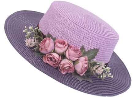 WUODHTW Sonnenhüte für Damen, Strandhut, breite Krempe, Strohhut, handgefertigt, Blume, Sonnenschutz, UV-Papier, Gras, flacher Hut, violett, Einheitsgröße