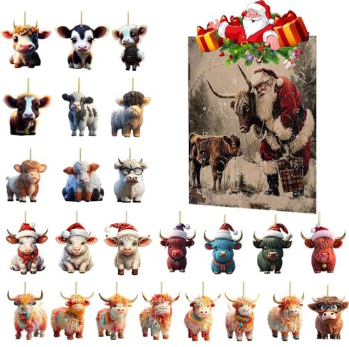 adventskalender kuh,Highland Cow Adventskalender Anhänger,2024 Highland Cow Weihnachts-adventskalende,Highland Cattle Weihnachtsschmuck Anhänger,24 Tage Countdown Sammlerstück,Weihnachtsbaumschmuck