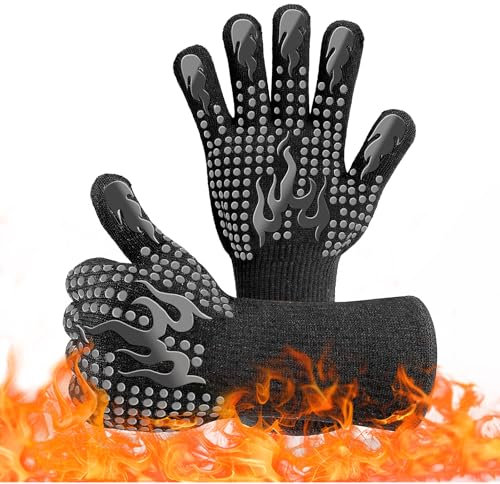 Gants de Barbecue, Gants Four Anti Chaleur Jusqu'à 800°C, Gant Barbecue Résistant à la Chaleur, Gants de Cuisine Antidérapants pour BBQ, la Cuisson, Grill et Cheminée, Noir