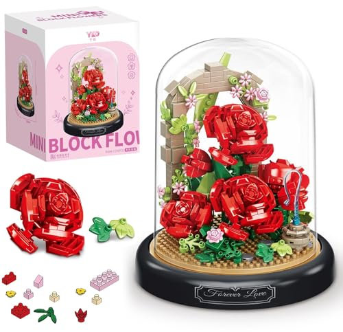 Blumen Rose Klemmbausteine,Rose Unsterblicher Blumenstrauß Baustein,Blumen Bausteine Set,Kunstpflanzen Bausteine für Erwachsene, Erwachsene und Kinder ab 10 Jahren
