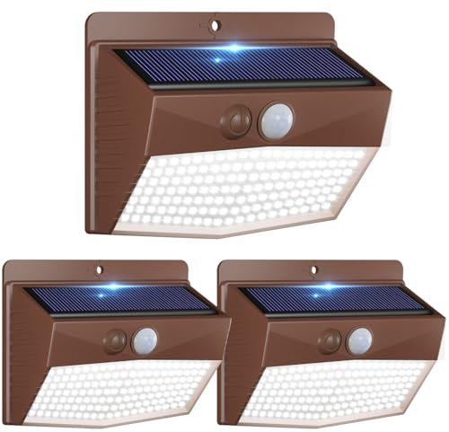 Peasur 3 Stück Solarlampen für Außen mit bewegungsmelder, 138 LED Superhelle Solarleuchte Sicherheitswandleuchte 3 Modi IP65 Wasserdichte Wandleuchte Garten, Brauner Rahmen