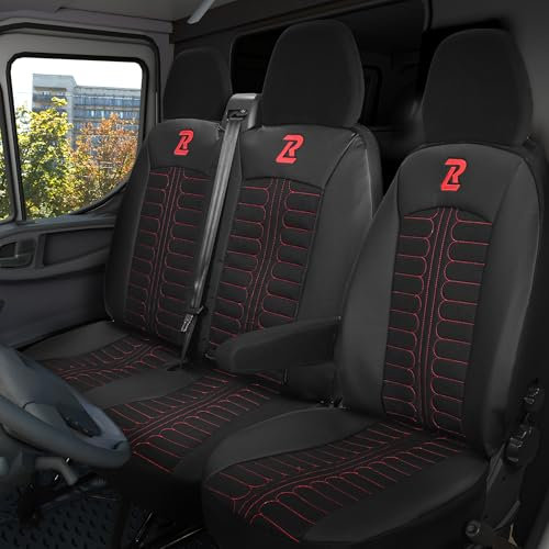 LUCARO Sitzbezüge Auto Tornado für FIAT Ducato, Peugeot Boxer, Citroen Jumper, Opel Movano C, RAM Promaster - Sitzbezug Set 1+2 - Auto Sitzbezüge Rot - Auto Zubehör - Schonbezug Autositz Vorne