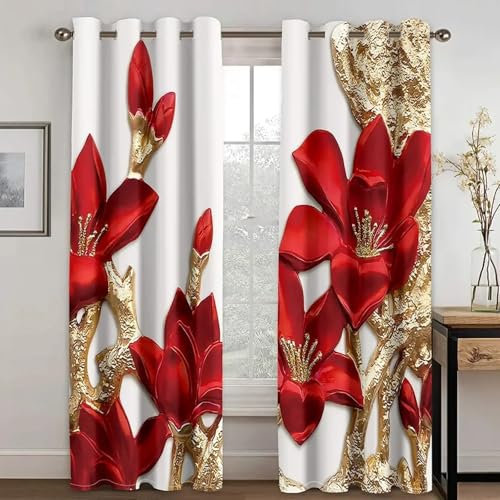 IKDZCM Verdunkelungsvorhänge, goldenes rotes Blumenmuster, Moderne lichtfilternde Vorhänge, Blumenmotiv, dekorative 2 Paneele für Schlafzimmer BxH/2x125x150cm vorhänge