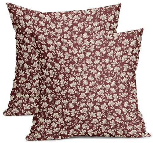 Kawani Kissenbezüge mit Gänseblümchen-Blumen-Blockdruck, 55,9 x 55,9 cm, dekorativ, quadratisch, Landhausstil, Vintage, rustikal, niedlich, für Sofa, Couch, Outdoor, Rot / Beige, 2 Stück
