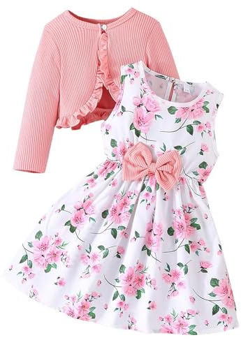Vestito da bambina a maniche lunghe, linea ad A, floreale, casual, da festa, con cardigan, per bambini dai 4 ai 13 anni