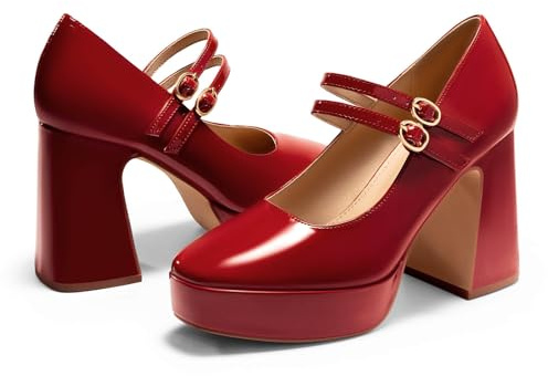 Coutgo Womens Mary Jane Platform High Heels Chunky Block Heel Closed Toe Pumps Buckle Strap Wedding Dress Shoes, Red, 6 UK