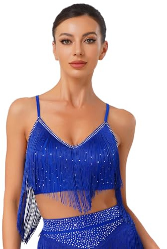inlzdz Damen Latein Tanz Oberteil Ärmellos Tanztop Tank Top mit Quasten Fransen V-Ausschnitt Bauchtanz BH Wettbewerbe Auftritt Tanz Kostüm