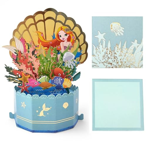 JanYoo 3D Pop Up Karte Geburtstagskarte Nixen Grußkarten, Happy Birthday Geburtstag Karte Grußkarte Cards Mit Umschlägen und Karten für Junge Mädchen Familie und Freunden Geburtstagsgeschenk