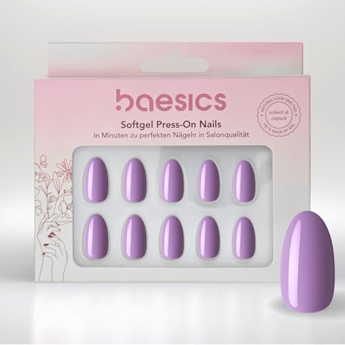 Baesics Softgel Press-On Nails Lavendel Oval – 30er Nagelset für Zuhause, Wiederverwendbar, Natürliche Optik, Flexibel, künstliche Nägel zum Aufkleben ink. Klebepads, Salonqualität für Anfänger
