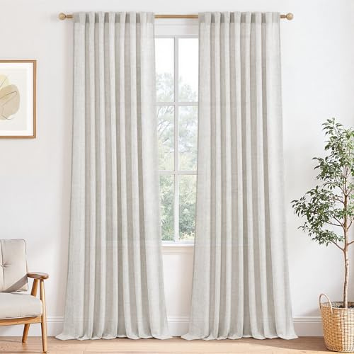 MRTREES Vorhang Leinen Wohnzimmer Vorhänge im Landhausstil Vorhangschals 2er Set H 245 x B 140 cm, Leinenoptik Gardinen Vintage Halbtransparent Gardine Boho Schlafzimmer, Elfenbeinweiß