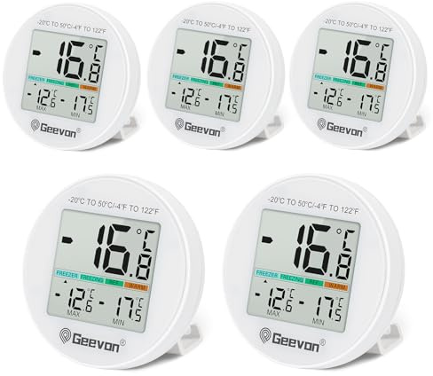 Kühlschrankthermometer, Digital Mini, IP65 Wasserfest, für Kühlschrank Gefrierschrank Innen Thermostat mit LCD Bildschirm, Ständer Magnetrückseite Max Min Aufzeichnung 8pcs bingxiangwendu (8724-WH-5)