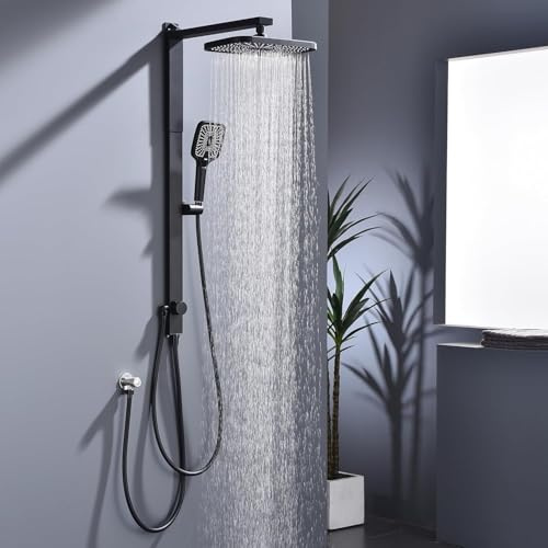 HOMELODY Regendusche Duschsystem ohne Armatur, Schwarz Handbrause mit 3 Funktionen, Großer Quadratischer Duschkopf, Regenwalddusche Höhenverstellbar Duschstange von 950-1180mm