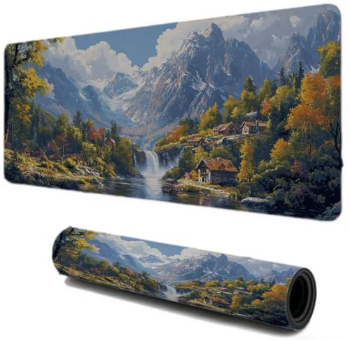 Schreibtischunterlage Aussicht, Mauspad 500x250, Gaming Mauspad Wasserfall, Mouse Pad für Tastatur, Rutschfester Gummibasis und Genähten Kanten, Home Office Gadgets für Arbeit, Gaming, Studium I-553