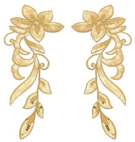 sourcing map 1 Pair Sequin Flower Patches, 12 in Dancing Sequin Applique Patch Iron on Applique Sewing Embroidered Patches for Stage Wedding Drama Dress Jackets, Gold