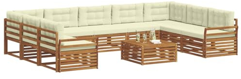 vidaXL Sofagarnituren 10 pcs Natur und Creme Massivholz Akazie, Moderner Garten-Sofa, Outdoor-Sitzgruppe, Lounge-Set für die Terrasse, bequem und robust