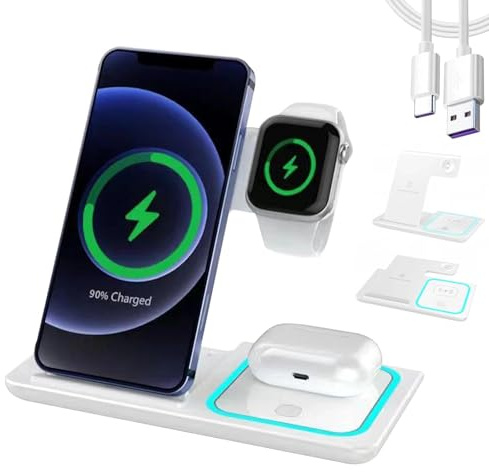 3-in-1 Induktive Ladestation, Wireless Charger für Apple Watch und iPhone, Faltbar Kabelloses Ladegerät für iPhone 17e/17/16/15/14/13/12/Air, Apple Watch 10/9/8/7/6/SE/5/4/3/, AirPods Pro (Weiß)