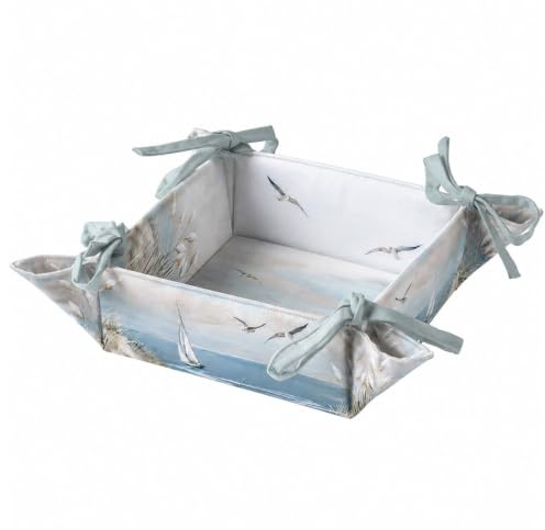 Ambiente Brotkorb Baumwolle 20 x 20cm mit Möwen & Küsten Motiv - Faltbare Brotbox mit Schleifen - Brötchenkorb - Tischkorb Maritime Design - Tischdeko Blau Grau