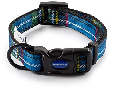 Ancol Adjustable Nylon Dog Collar Tartan Blue Soft Polyester Printed Durable Comfortable Pet Puppy Neckband Fixings - 20-30 cm