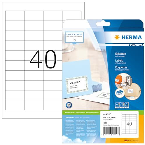 HERMA 4357 Universal Etiketten, 800 Blatt, 48,5 x 25,4 mm, 40 pro A4 Bogen, 32000 Stück, selbstklebend, bedruckbar, matt, blanko Papier Klebeetiketten Aufkleber, weiß
