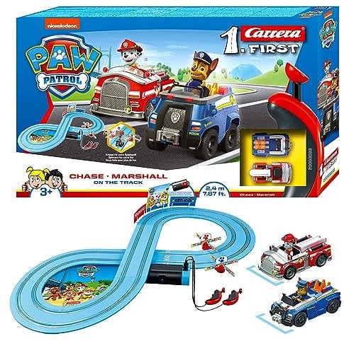 PAW Patrol Carrera First Rennbahnset | Chase & Marshall | 2,4m Strecke | Kreisel für extra Spielpaß | Ab 3 Jahren | Batteriebetrieben