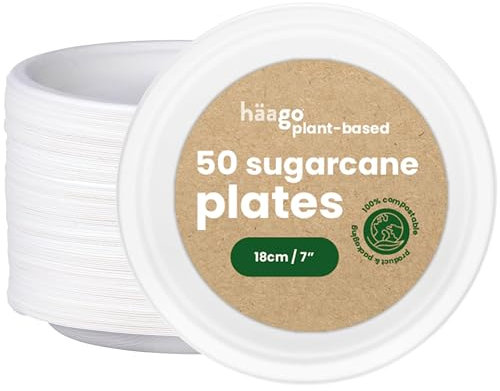 HAAGO 50 Zuckerrohr Einweg Dessertteller, 18cm - Kleine Pappteller, Partyteller für Geburtstage & Partys - Heim Kompostierbar & Biologisch Abbaubar