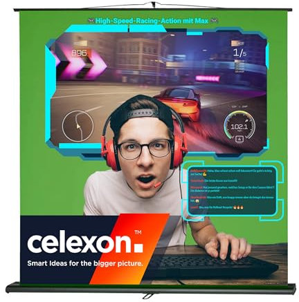 celexon Greenscreen Mobile Lite pull-up Chroma-Key 100 | 150x200 cm 4:3 | Photo background for video content, live streaming, cam calls | Space-saving roll-up screen with telescopic pole