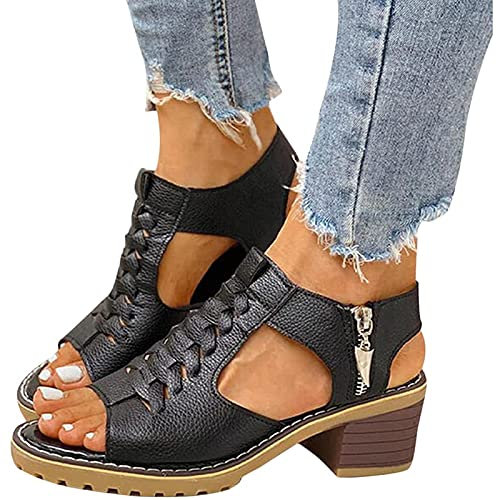 WellingA Damen Sandalen Keilabsatz Römer Sandalen Espadrilles Plateau Sandaletten High Heels Elegant Sommer Schuhe Fischmaul Casual für Outdoor Indoor,Schwarz,39