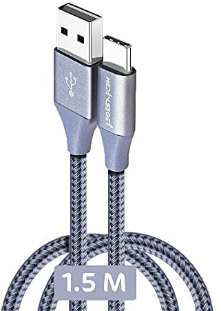 Heden Seger - C Type Cable 1.5M, 5A Fast Charging, USB A - USB C (Male - Male), USB 2.0, Nylon Braided, 480 Megabits Data Transfer Speed, Grey.