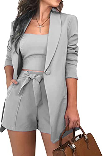 Onsoyours Damen Elegant Langarm Blazer Sakko Einfarbig Slim Fit Revers Jacke Business One Button Top 3 Stück Mantel Shorts Anzugsets für Frühling Sommer Grau XXL