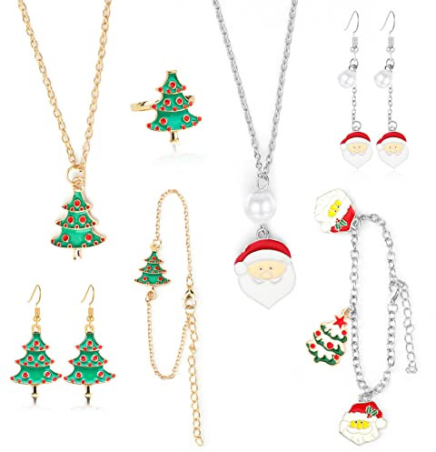 DPKOW 9 STK Weihnachten Schmuck Set, Weihnachten Halskette Ringe Armbänder Weihnachten Ohrringe Anhänger zum Kinder Mädchen Damen, Nikolaus Weihnachtsbaum Weihnachten Schmuck Geschenke