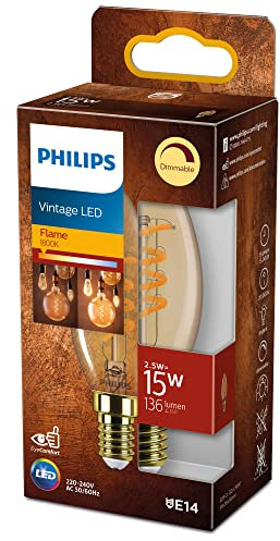 Philips ampoule LED Flamme E14 15W Blanc Chaud Ambré, Compatible Variateur, Verre