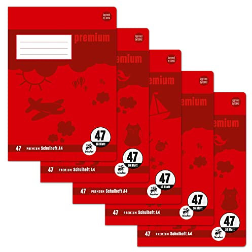 Staufen Premium Schulheft - DIN A4, Lineatur 47 (7mm kariert), 16 Blatt, 90g/m² Premium Papier, 3 verschiedene Motive (keine Auswahl möglich), 5 Stück